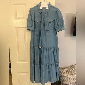 fab'rik Light Blue Tiered Puff-Sleeve Tie-Waist Maxi Dress, soft denim